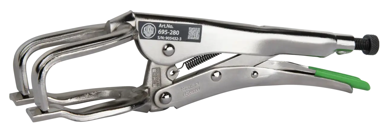 Stainless steel locking C-clamp pliers with adjustable screw and green handle grip