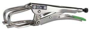 Stainless steel locking C-clamp pliers with adjustable screw and green handle grip