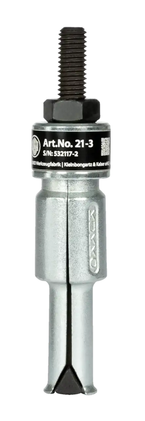 Metal industrial cutting tool with threaded bolt and engraved part number on label