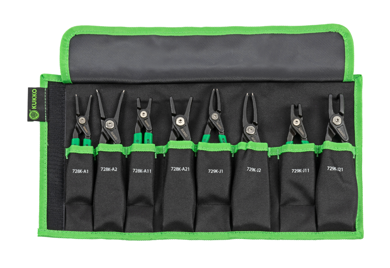 kukko 728k-729 8-piece circlip pliers set with inserted tips for internal and external mounting. for assembly and disassembly of retaining rings on shafts and in bores in craft, industry, and workshop