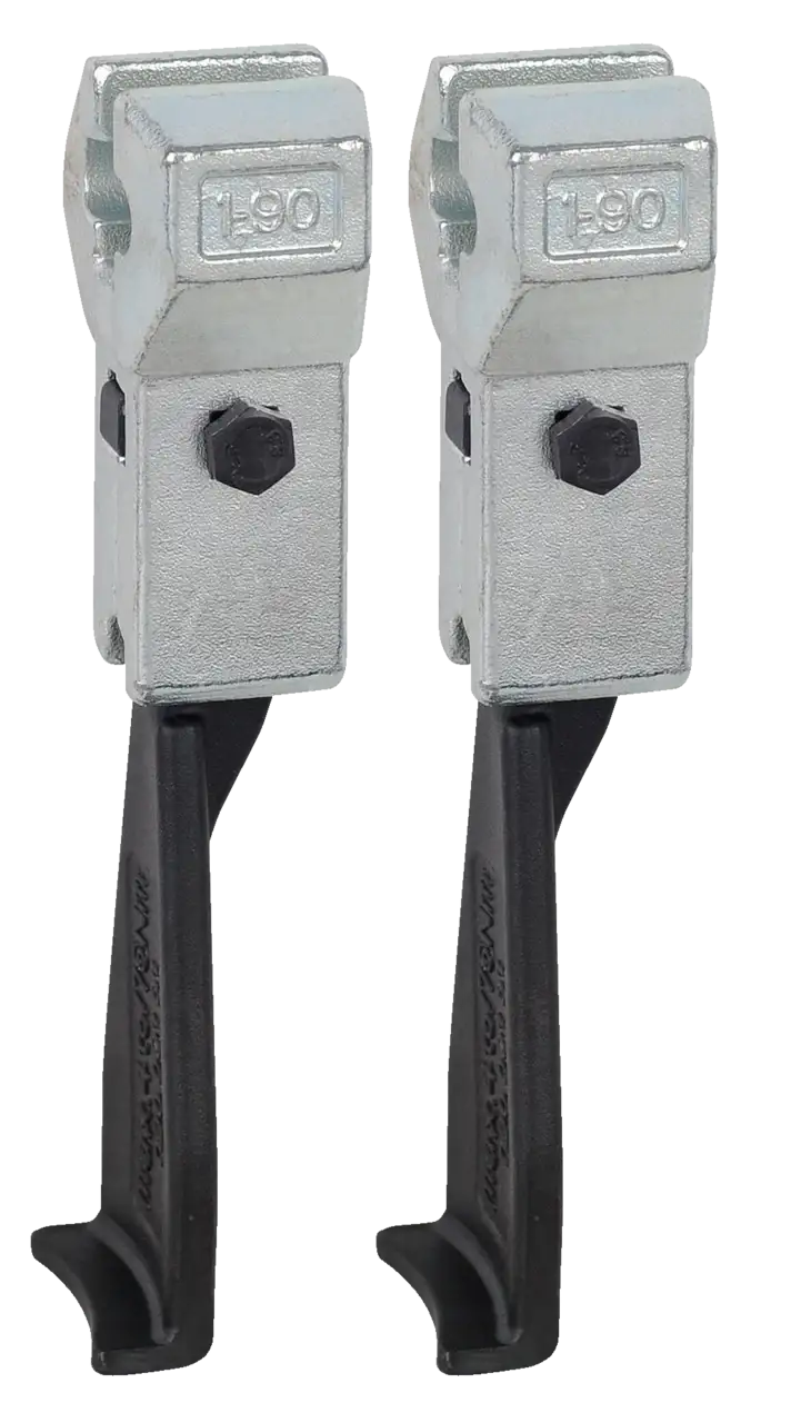 Pair of industrial metal clamp tools with black handles and L90 marking, isolated