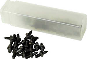 Black set screws with hex heads spilling from a clear plastic storage box
