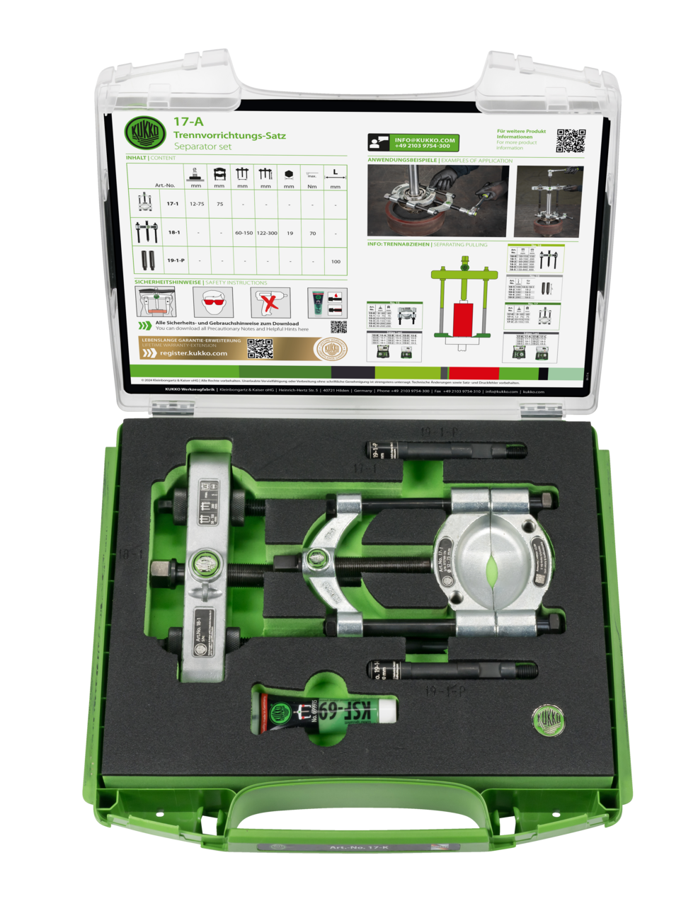 kukko 17-a separation tool set with quick-clamping pressure spindle ø 12-75 mm/300 mm for pulling ball bearings, roller bearings, inner rings, and other flat-lying parts in crafts, industry,
