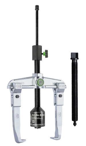 Three-jaw gear puller tool with threaded spindle and extension rod, used for removing gears and bearings