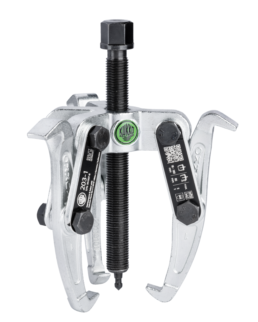 kukko 203-1 3-armed lug puller 180 x 80 mm with oscillating and reversible puller legs and combi crosshead for centric pulling of bearings, gears, and disks in all common sizes for craft, workshop, and industry