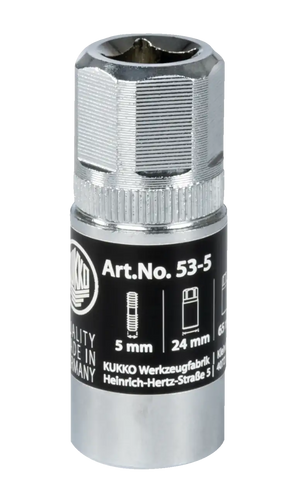 Chrome metal socket tool with textured grip, detailed sizing, and black product label