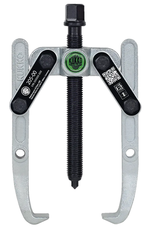 Two-jaw gear puller with metal arms and central screw, used for industrial tool removal