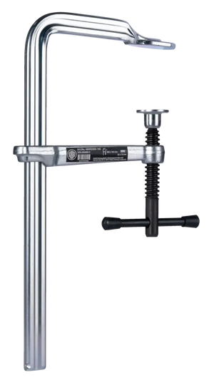 Heavy-duty metal F-clamp with screw mechanism for woodworking and industrial use