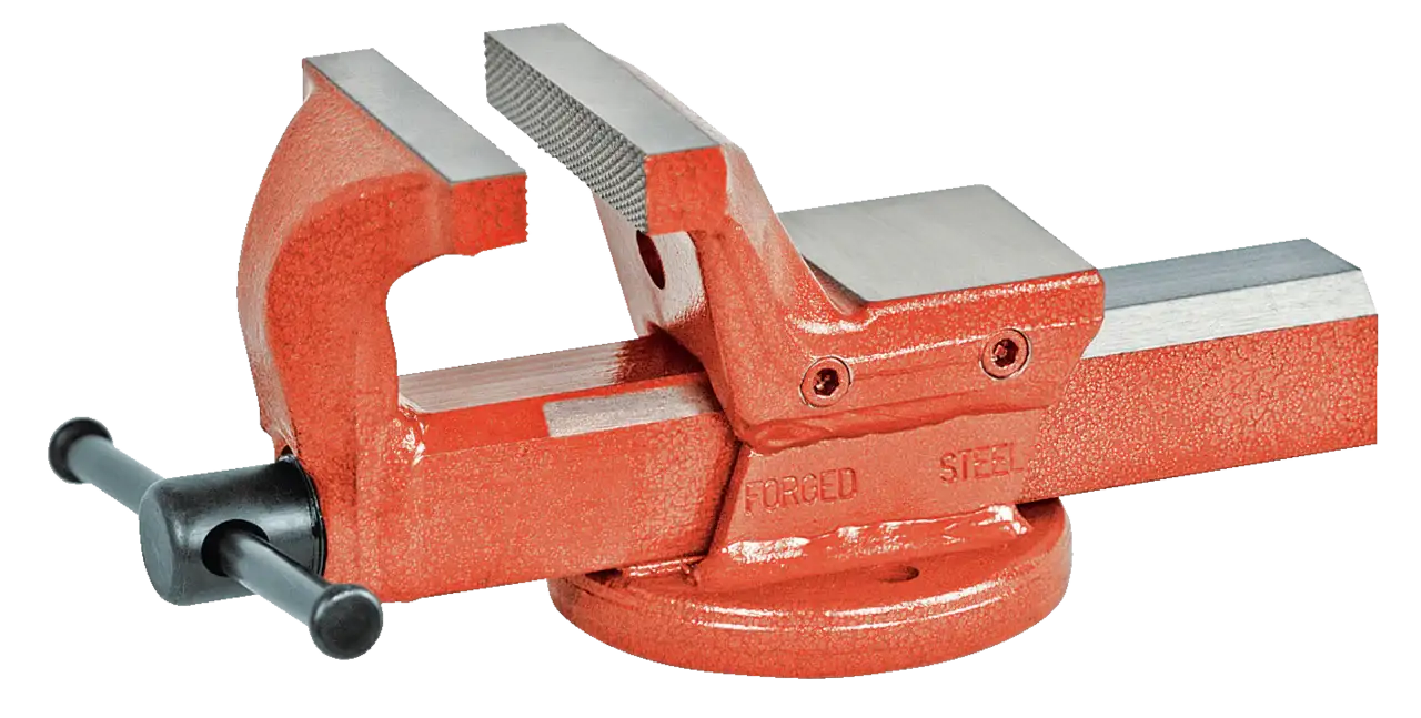Heavy-duty orange steel bench vise with textured jaws for workshop or industrial use
