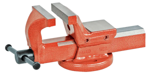 Heavy-duty orange steel bench vise with textured jaws for workshop or industrial use