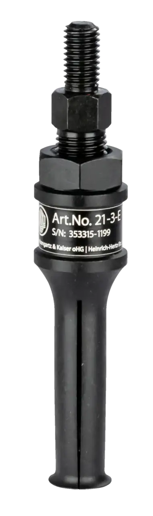 Black industrial tool component with threaded end and product label, used for shop tools or machinery.