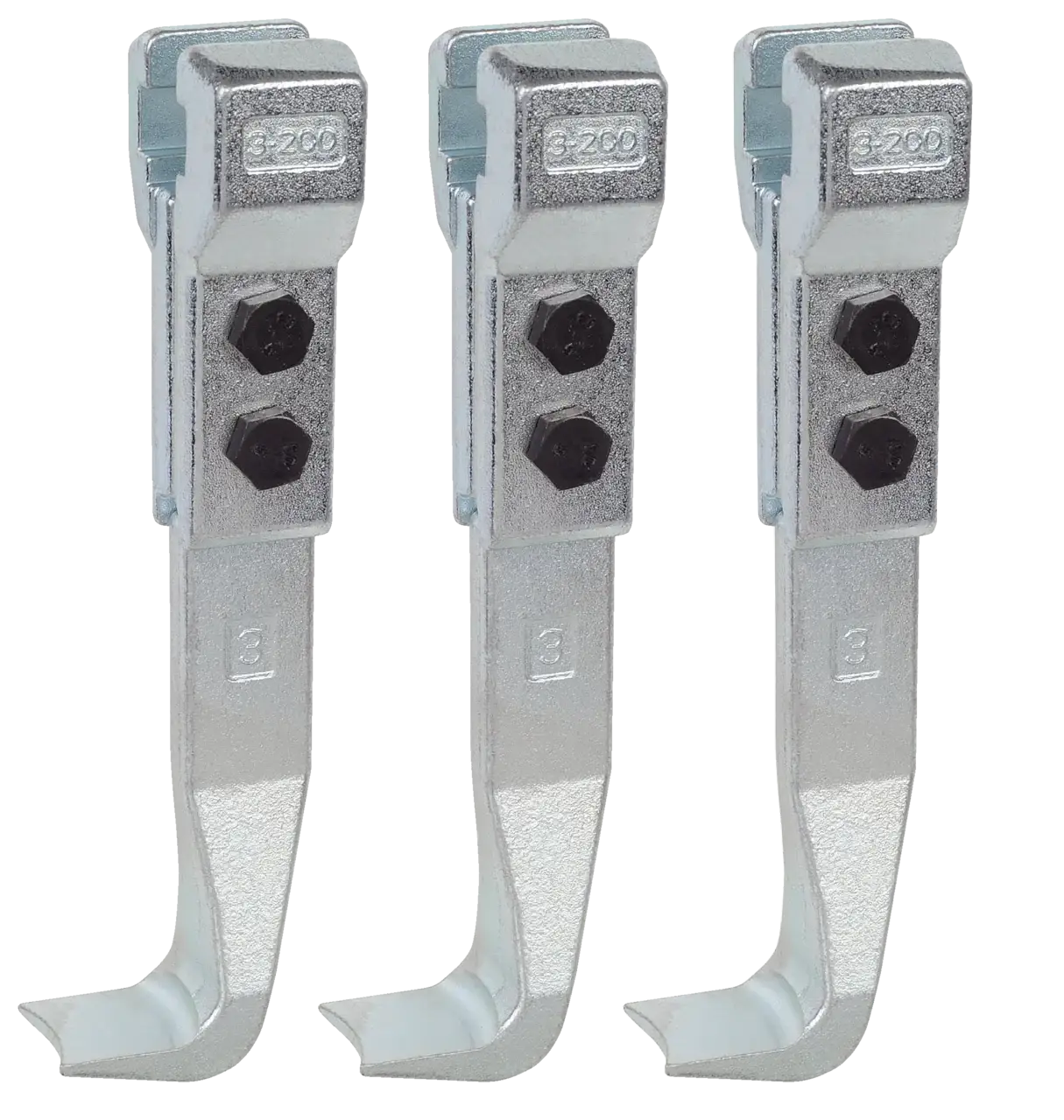 Three industrial metal beam clamps with bolts, power transmission hardware