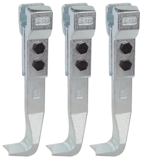Three industrial metal beam clamps with bolts, power transmission hardware