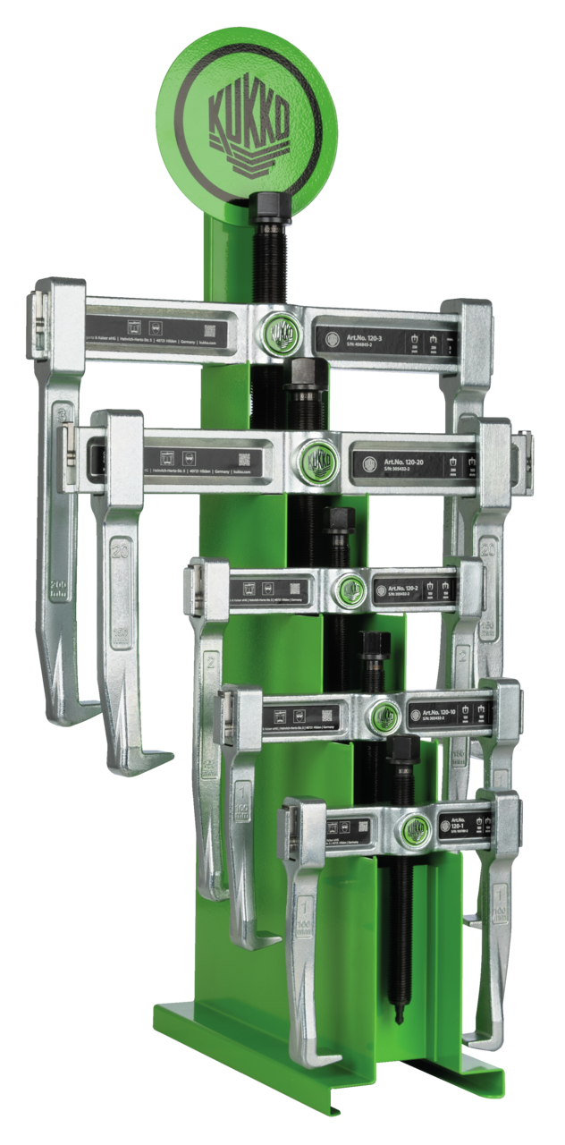 kukko 120-st sales display for 2-arm universal puller "vario" with spring-loaded end safety device for 2-jaw universal pullers is the ideal solution for the presentation and storage of various sizes of 2