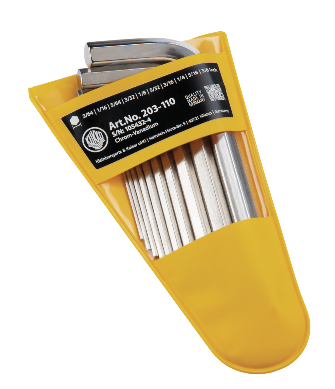 kukko 203-280 wrench set in plastic case with key sizes 5/64; 3/32; 1/8; 5/32; 3/16; 1/4; 5/16; 3/8 inch for operating hard-to-reach screw heads in workshops, industry, and crafts