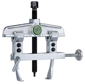 Heavy-duty two-jaw gear puller tool with adjustable arms and central threaded spindle