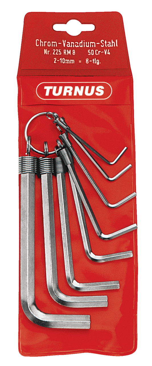 kukko 203-208 wrench set iso 2936 with key widths 2,0, 2,5, 3,0, 4,0, 5,0, 6,0, 8,0, 10,0 mm in a hanging bag for operating hard-to-reach screw heads in workshops, industry, and crafts