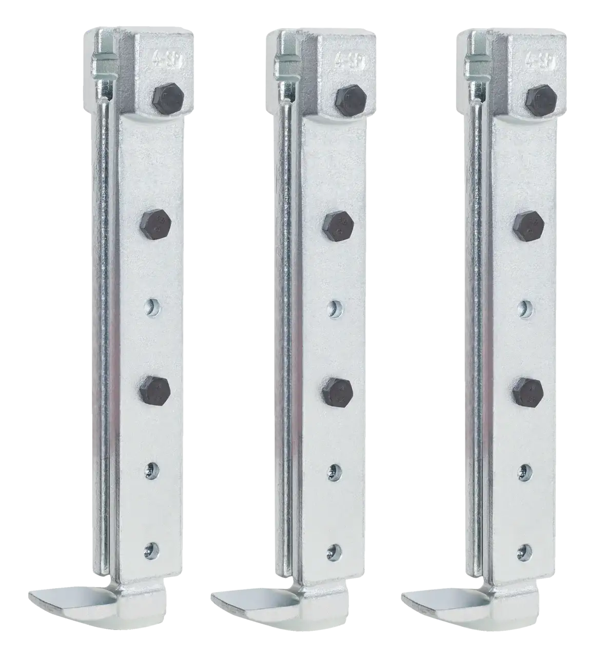 Heavy-duty galvanized steel adjustable support brackets with bolts, set of three, industrial hardware.