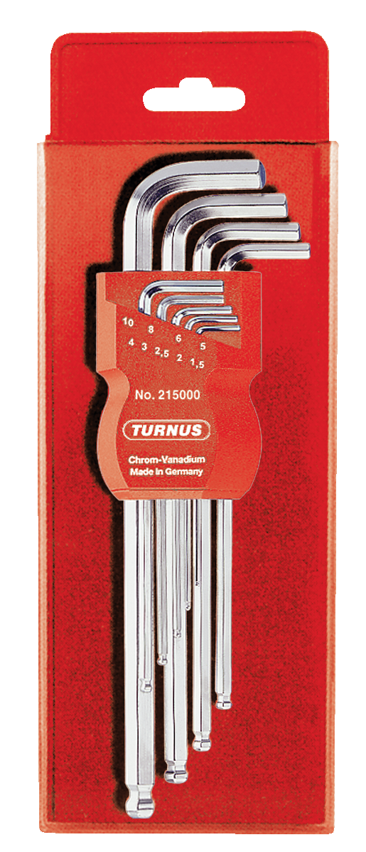 kukko 215-002 long angle screwdriver with ball head, 1,5, 2,0, 2,5, 3,0, 4,0, 5,0, 6,0, 8,0, 10,0 mm key sizes in the turnus clip in retail packaging for operating hard-to-reach screw heads in workshops, industry, and crafts