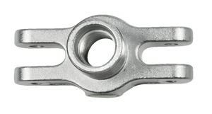 metal industrial yoke component with threaded central hole and dual mounting arms