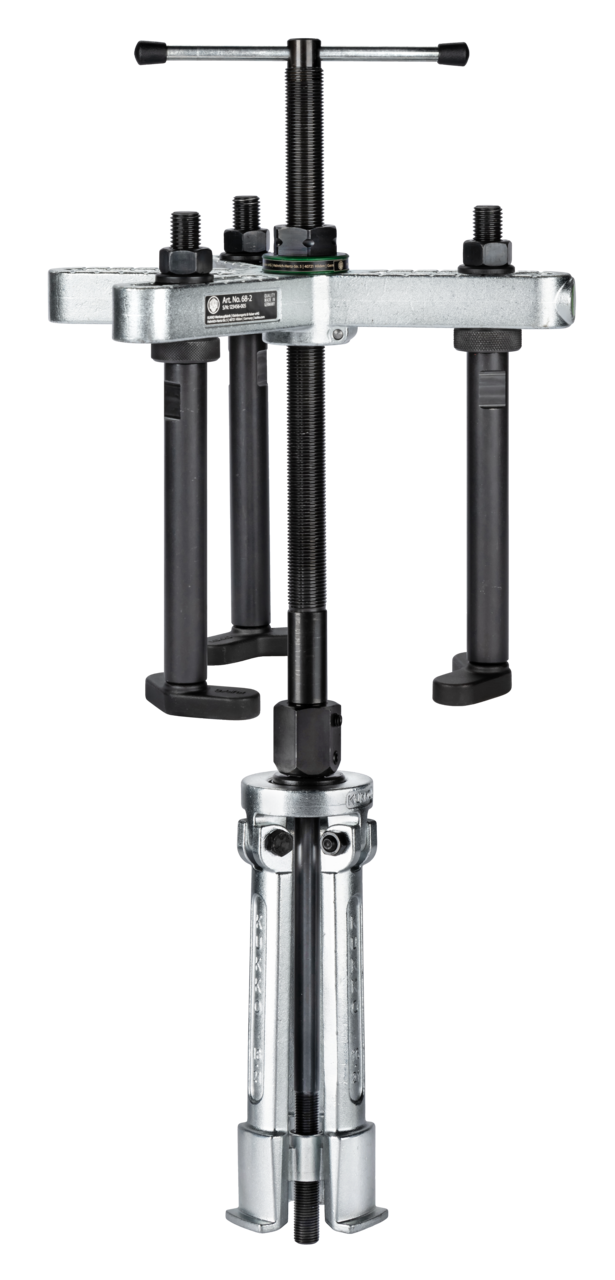 kukko 16-2 cylinder sleeve puller with combo crossbar, up to 155 mm spread, 250 mm reach for extracting wet cylinder sleeves in trucks, passenger cars, as well as stationary engines and similar