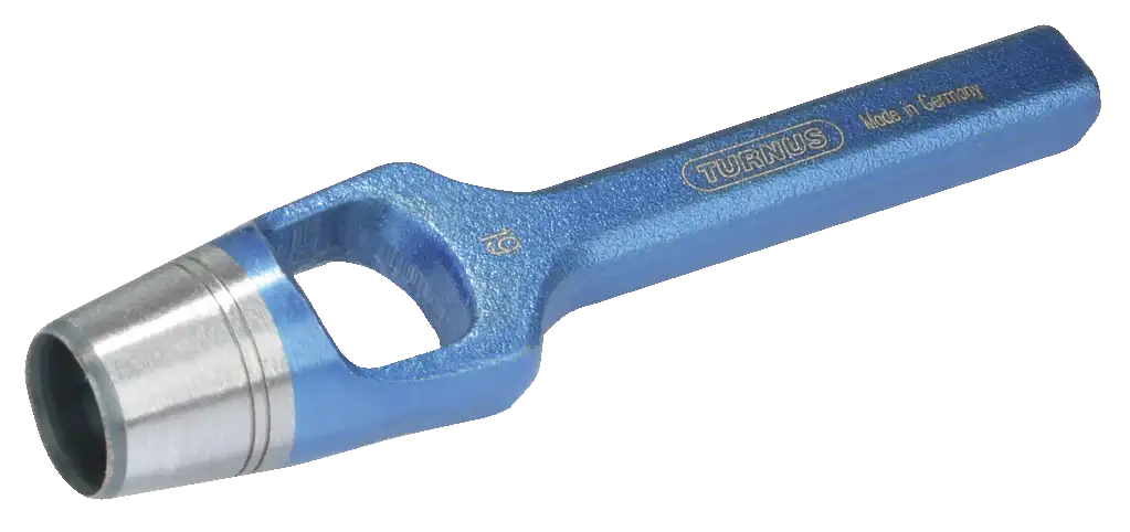 Blue steel hollow punch tool with textured handle and metal cutting edge, industrial hand tool