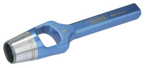 Blue steel hollow punch tool with textured handle and metal cutting edge, industrial hand tool