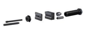Industrial machine tool components, including threaded rod, spacers, and metal blocks