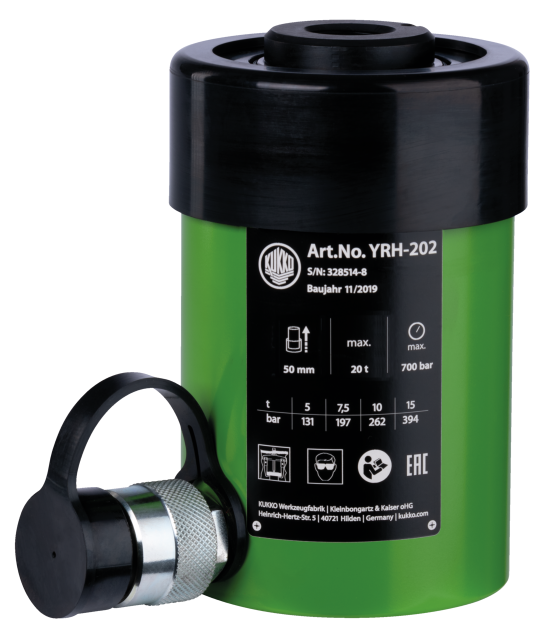 kukko yrh-202 hydraulic hollow piston cylinder with max. {8600} t tension force for application with the kukko hydraulic program in crafts, industry, and workshops