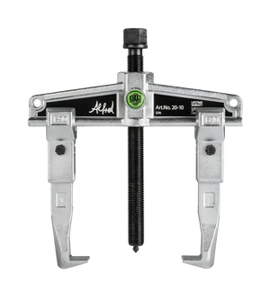 Heavy-duty two-jaw gear puller tool with adjustable arms and center screw, isolated on black.