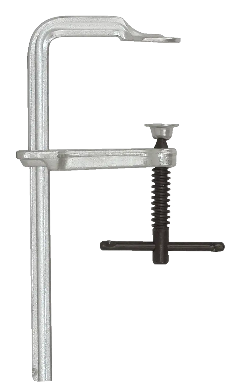 Metal F-clamp shop tool with adjustable screw handle on white background