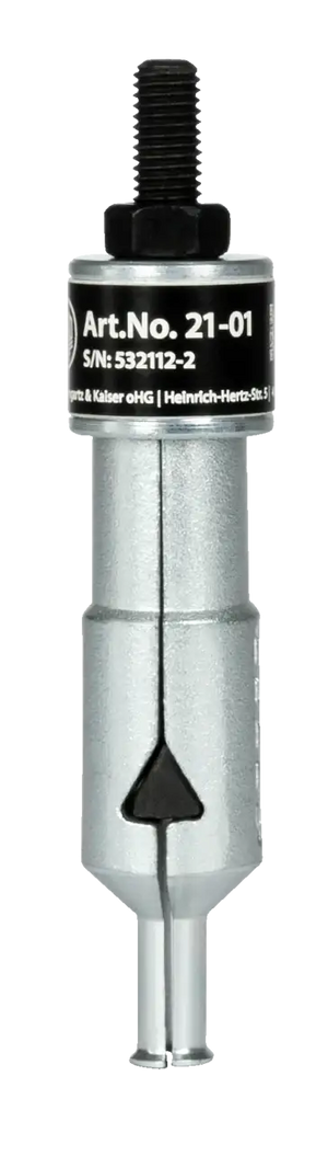 Metal industrial tool part with threaded top and identification label, silver finish