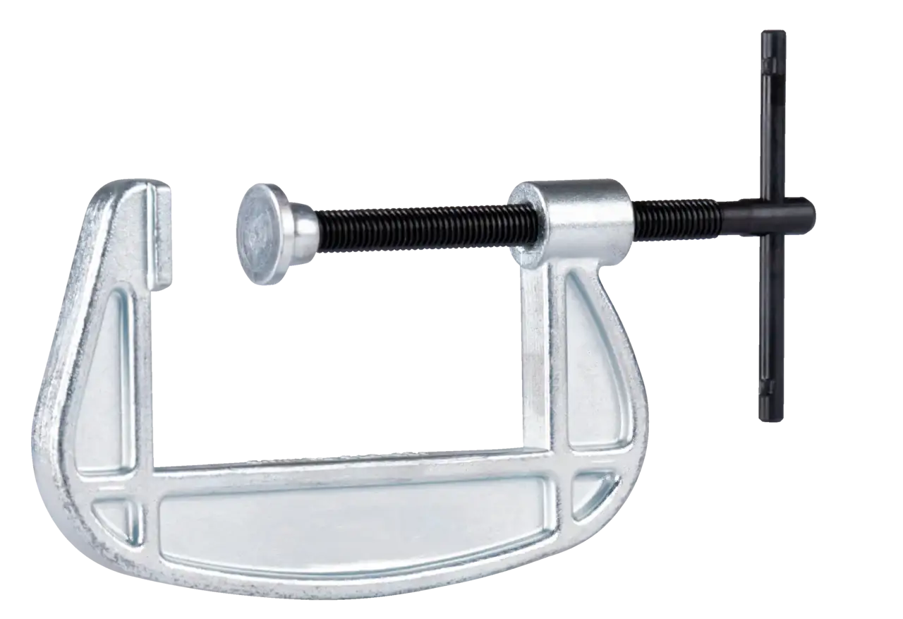 Heavy-duty metal C-clamp with screw handle for woodworking and metalworking