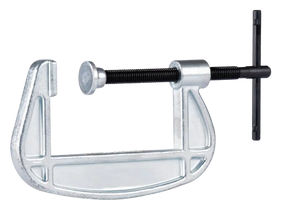 Heavy-duty metal C-clamp with screw handle for woodworking and metalworking