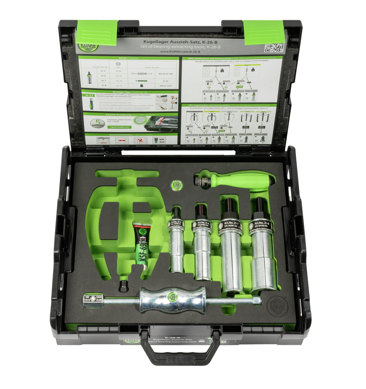 kukko k-26-b ball bearing puller set with sliding hammer ø 28-70 mm for extracting internal bearings, bearing outer rings, and bushes in crafts, workshops, and industry