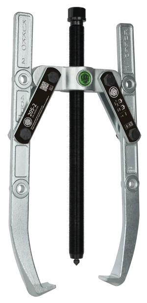 Two-jaw gear puller tool with steel arms and central threaded spindle, isolated on white