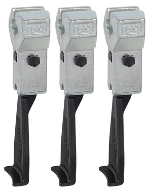 Three industrial metal L90 beam clamps with black jaws, aligned vertically