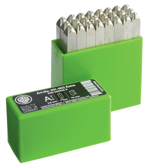 Green box set of metal letter stamp punches for industrial marking tools