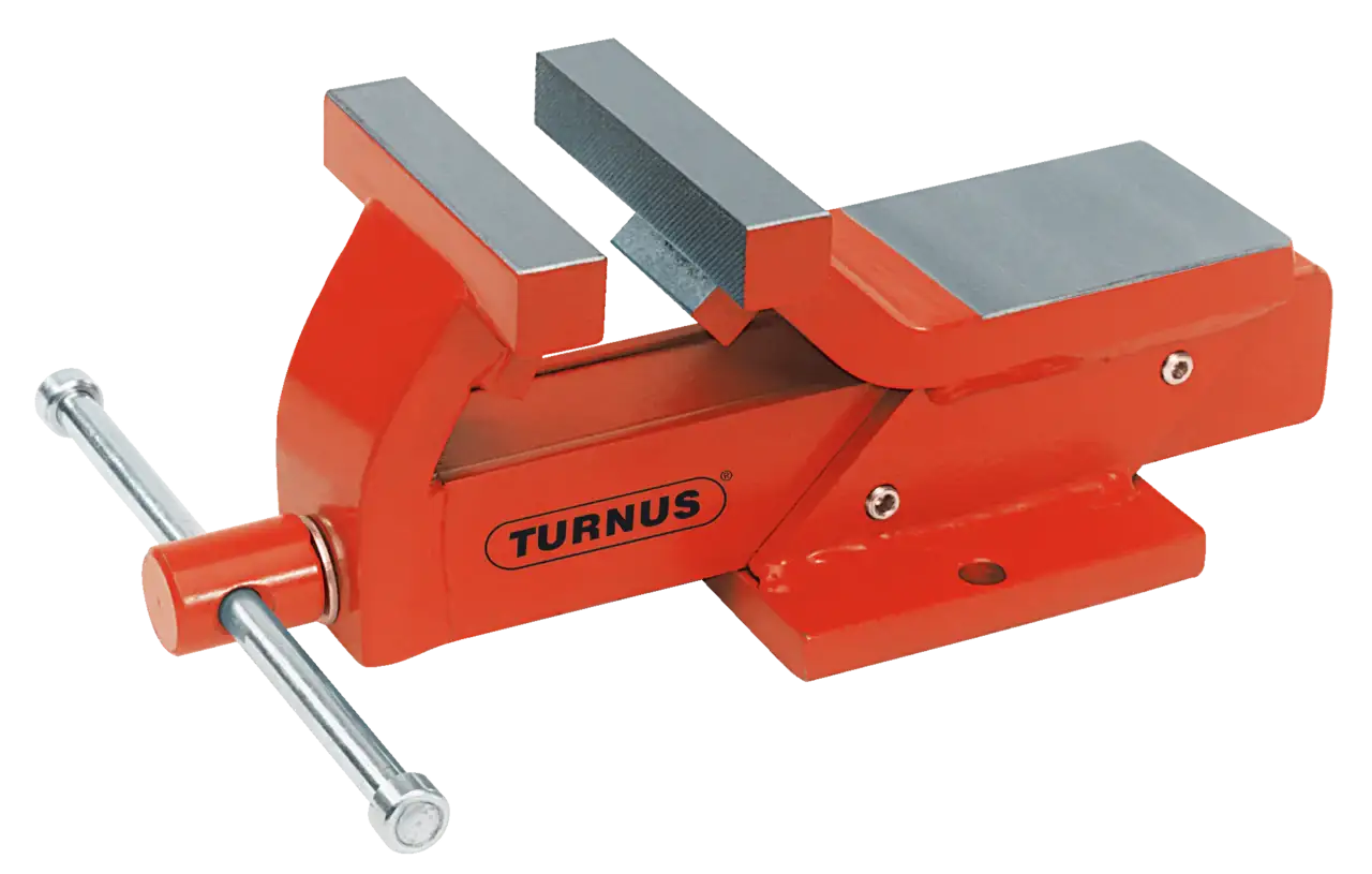 Red metal bench vise with TURNUS logo, heavy-duty workshop tool for clamping tasks