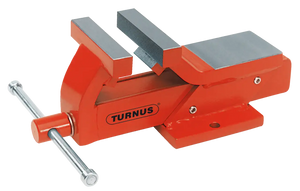 Red metal bench vise with TURNUS logo, heavy-duty workshop tool for clamping tasks