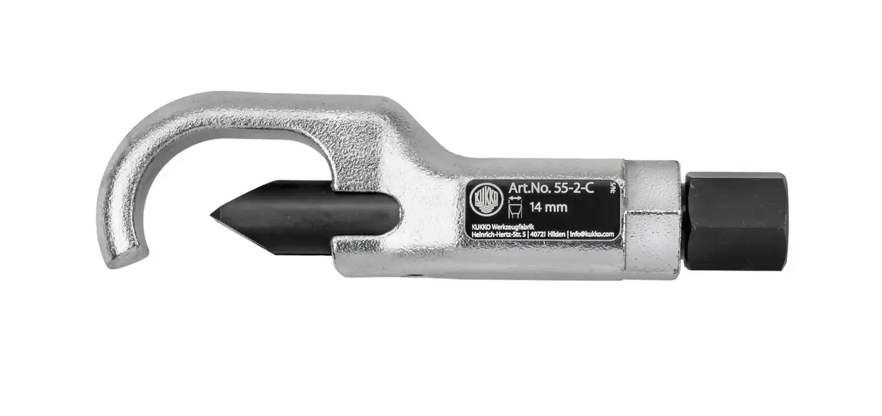Close-up of a 14mm silver and black tie rod tool with hex drive and hook end on white background