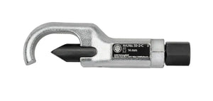 Close-up of a 14mm silver and black tie rod tool with hex drive and hook end on white background