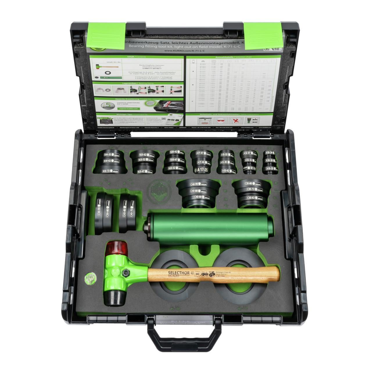 kukko k-71-l-c ball bearing installation kits - lightweight job site model for different size bearings for quick, precise, and safe installation of bearings and seals in crafts, industry, and workshops