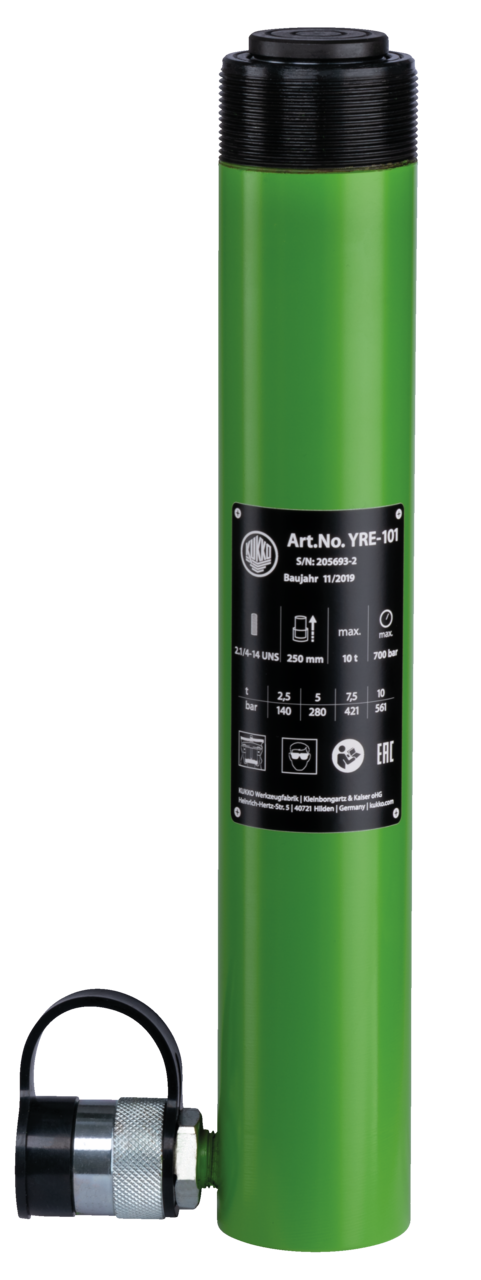 kukko yre-106 hydraulic pressure cylinder with collar thread, max. {8600} t tension force for applications in all positions in crafts, industry, and workshops