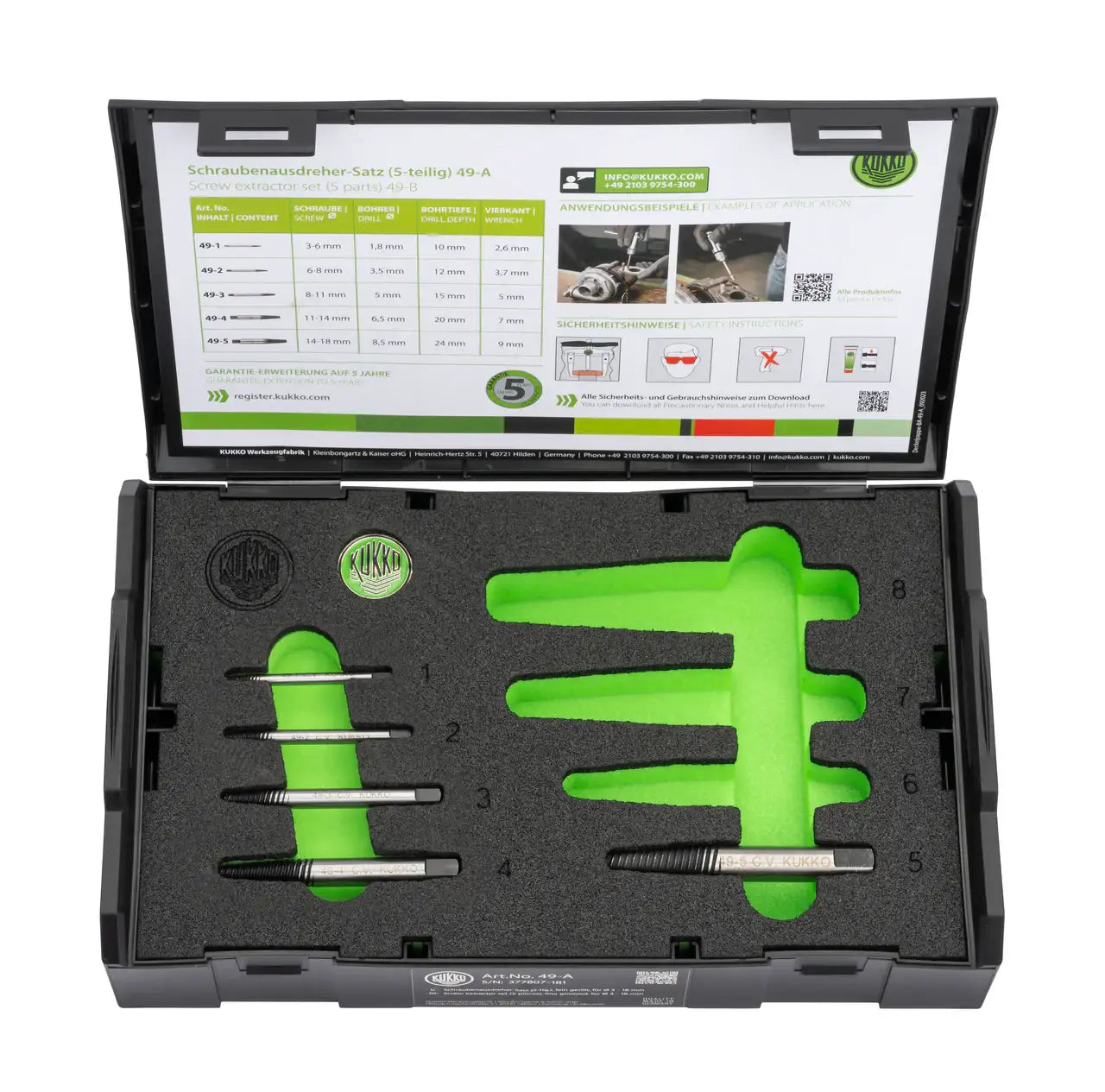 Five-piece screw extractor set in a case with foam cutouts and usage guide in lid