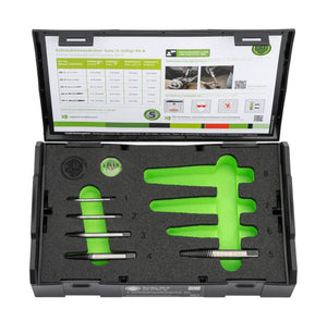 Five-piece screw extractor set in a case with foam cutouts and usage guide in lid