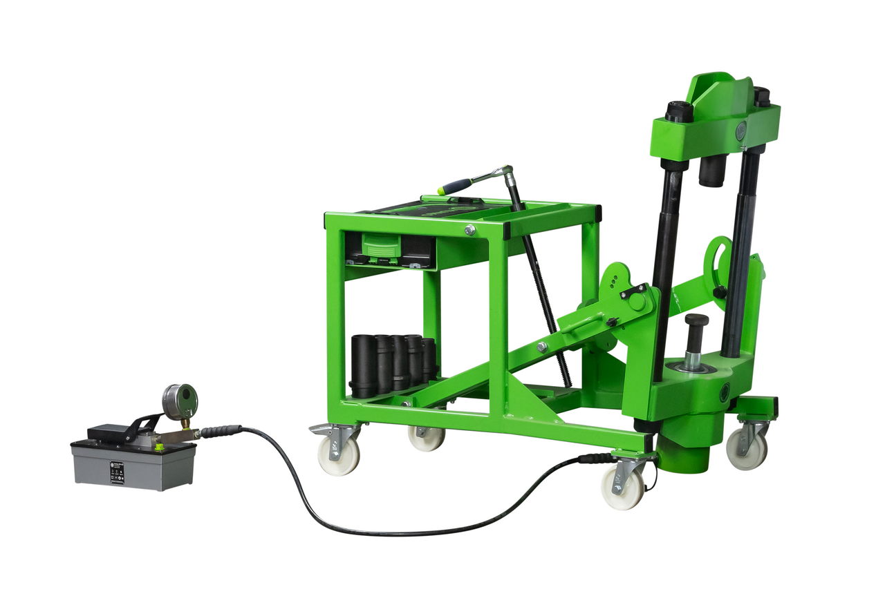 kukko y-ap-75 mobile hydraulic axle stem press "axle" with 75 t max. pressing force for quick pressing in and out of all common axle joints on commercial vehicle front axles in workshops,