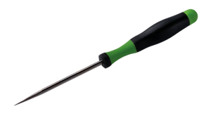 Flat file tool with green and black ergonomic handle for metalwork or woodworking