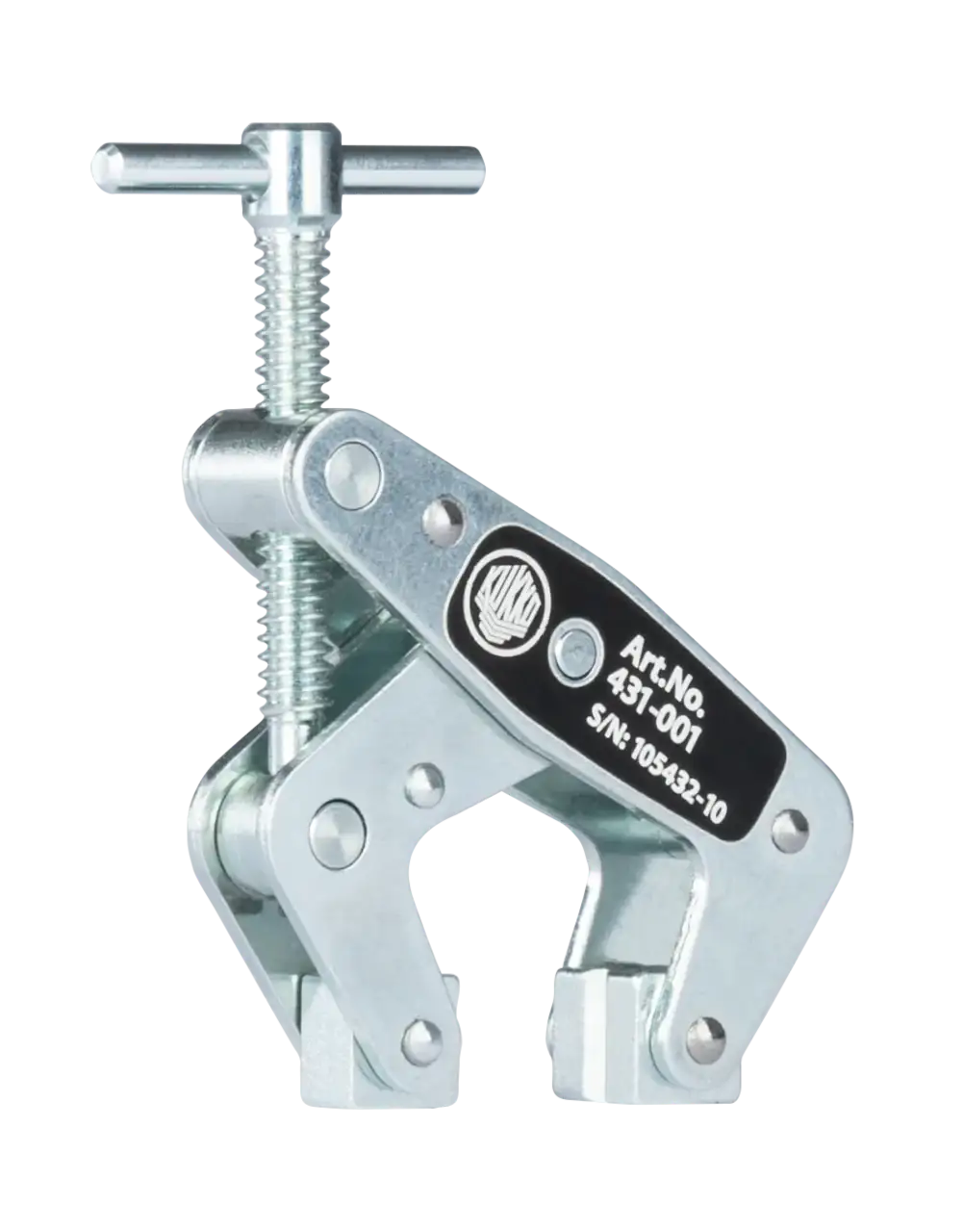 Heavy-duty metal clamp tool with screw handle for industrial applications, isolated on white