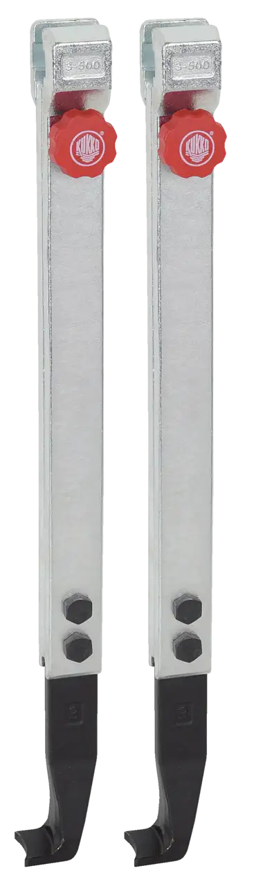 Pair of metal puller arms with red adjustment knobs and black claw ends, industrial tool